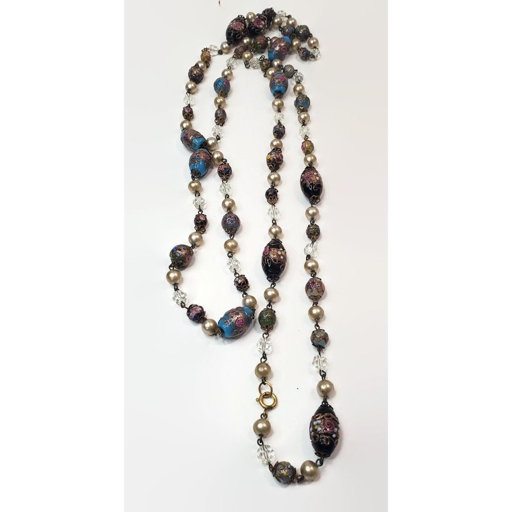 Vintage Venetian Lampwork Wedding Cake Bead Necklace  60"